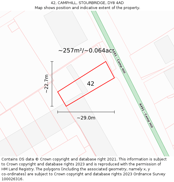 42, CAMPHILL, STOURBRIDGE, DY8 4AD: Plot and title map