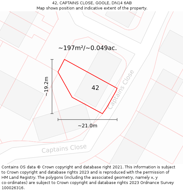 42, CAPTAINS CLOSE, GOOLE, DN14 6AB: Plot and title map