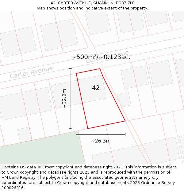 42, CARTER AVENUE, SHANKLIN, PO37 7LF: Plot and title map