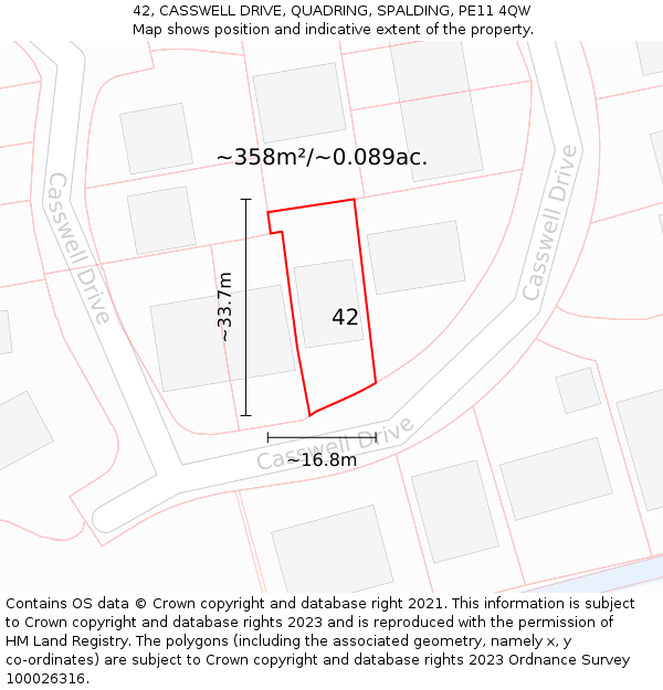 42, CASSWELL DRIVE, QUADRING, SPALDING, PE11 4QW: Plot and title map