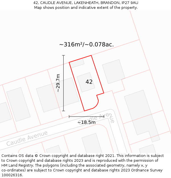 42, CAUDLE AVENUE, LAKENHEATH, BRANDON, IP27 9AU: Plot and title map