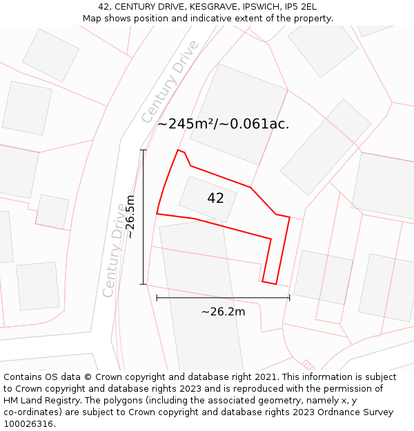 42, CENTURY DRIVE, KESGRAVE, IPSWICH, IP5 2EL: Plot and title map