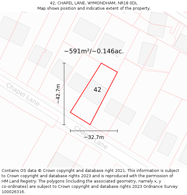 42, CHAPEL LANE, WYMONDHAM, NR18 0DL: Plot and title map