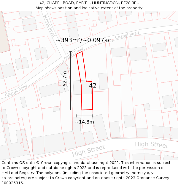 42, CHAPEL ROAD, EARITH, HUNTINGDON, PE28 3PU: Plot and title map