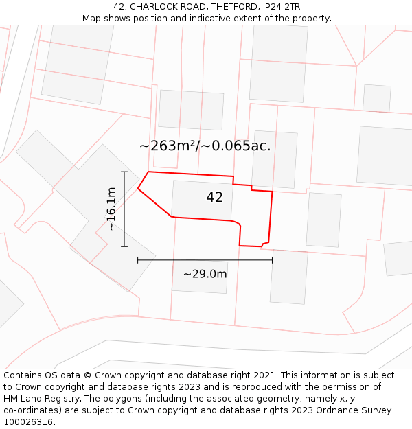 42, CHARLOCK ROAD, THETFORD, IP24 2TR: Plot and title map