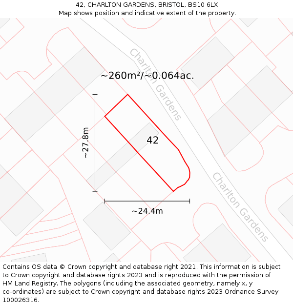 42, CHARLTON GARDENS, BRISTOL, BS10 6LX: Plot and title map