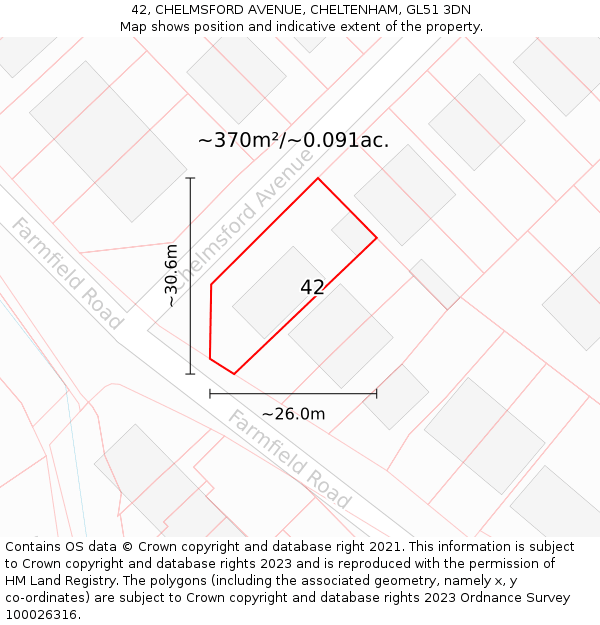 42, CHELMSFORD AVENUE, CHELTENHAM, GL51 3DN: Plot and title map