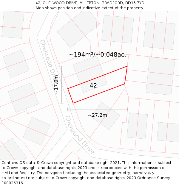 42, CHELWOOD DRIVE, ALLERTON, BRADFORD, BD15 7YD: Plot and title map