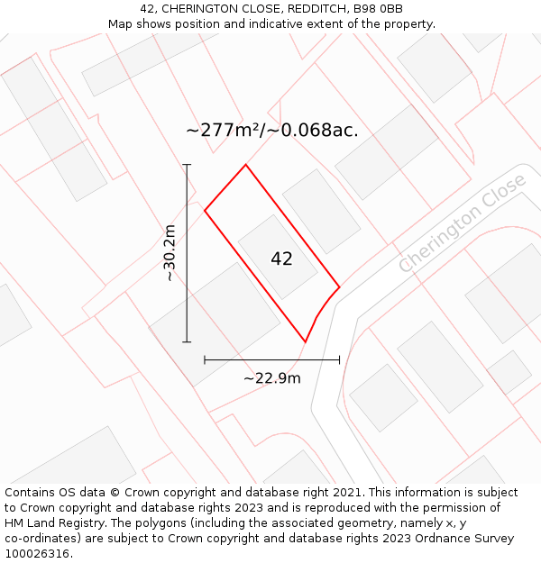 42, CHERINGTON CLOSE, REDDITCH, B98 0BB: Plot and title map