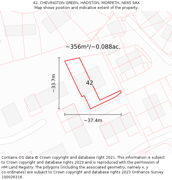 42, CHEVINGTON GREEN, HADSTON, MORPETH, NE65 9AX: Plot and title map