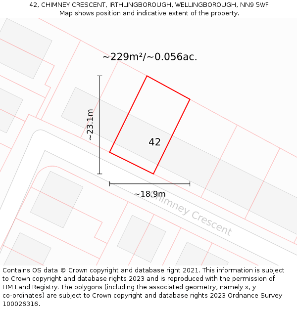 42, CHIMNEY CRESCENT, IRTHLINGBOROUGH, WELLINGBOROUGH, NN9 5WF: Plot and title map