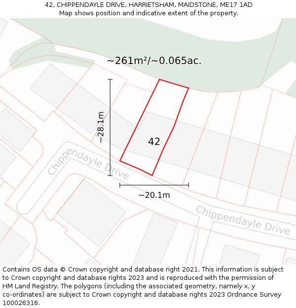 42, CHIPPENDAYLE DRIVE, HARRIETSHAM, MAIDSTONE, ME17 1AD: Plot and title map