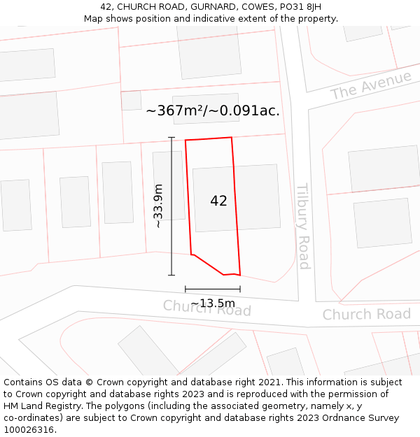 42, CHURCH ROAD, GURNARD, COWES, PO31 8JH: Plot and title map