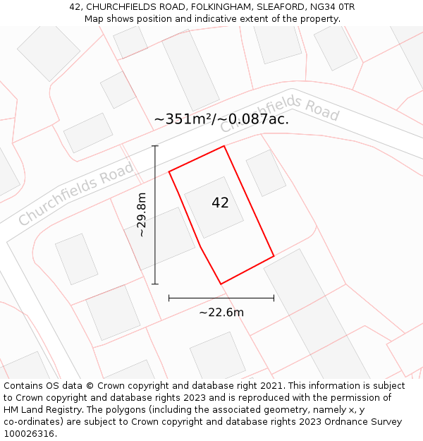 42, CHURCHFIELDS ROAD, FOLKINGHAM, SLEAFORD, NG34 0TR: Plot and title map