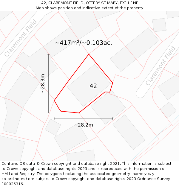 42, CLAREMONT FIELD, OTTERY ST MARY, EX11 1NP: Plot and title map