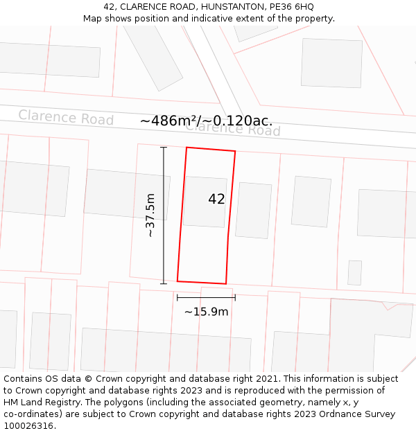 42, CLARENCE ROAD, HUNSTANTON, PE36 6HQ: Plot and title map