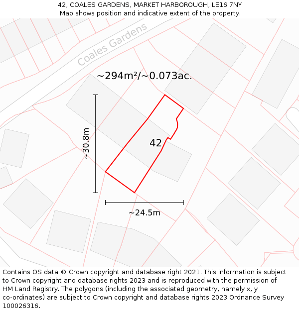 42, COALES GARDENS, MARKET HARBOROUGH, LE16 7NY: Plot and title map