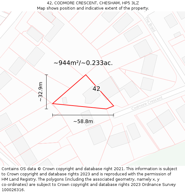 42, CODMORE CRESCENT, CHESHAM, HP5 3LZ: Plot and title map