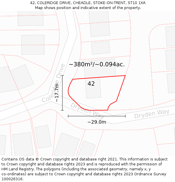 42, COLERIDGE DRIVE, CHEADLE, STOKE-ON-TRENT, ST10 1XA: Plot and title map