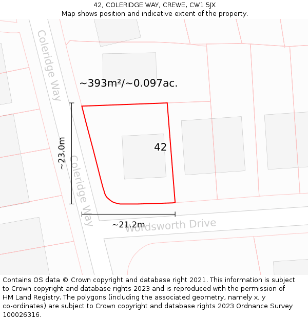 42, COLERIDGE WAY, CREWE, CW1 5JX: Plot and title map