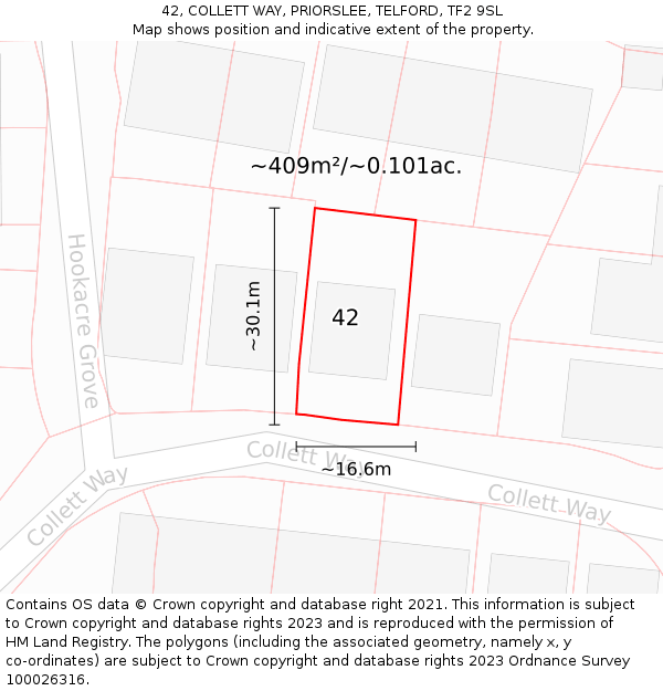 42, COLLETT WAY, PRIORSLEE, TELFORD, TF2 9SL: Plot and title map