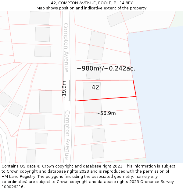 42, COMPTON AVENUE, POOLE, BH14 8PY: Plot and title map