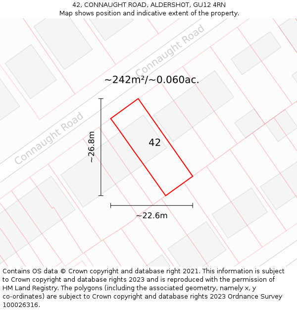 42, CONNAUGHT ROAD, ALDERSHOT, GU12 4RN: Plot and title map