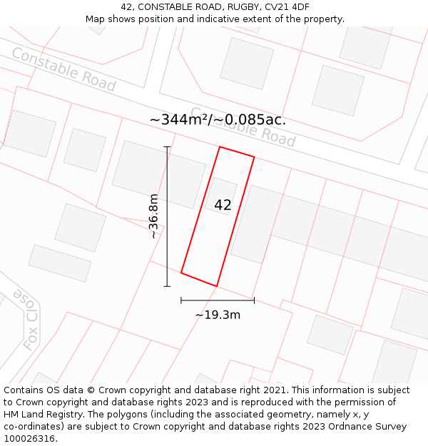 42, CONSTABLE ROAD, RUGBY, CV21 4DF: Plot and title map