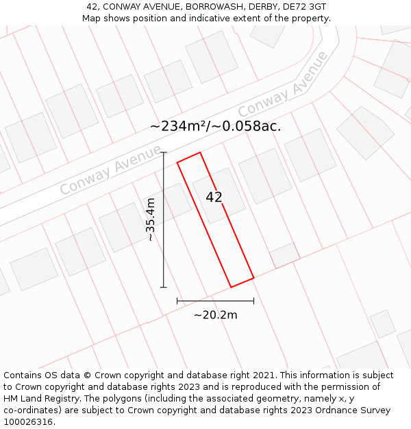 42, CONWAY AVENUE, BORROWASH, DERBY, DE72 3GT: Plot and title map