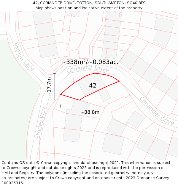 42, CORIANDER DRIVE, TOTTON, SOUTHAMPTON, SO40 8FS: Plot and title map