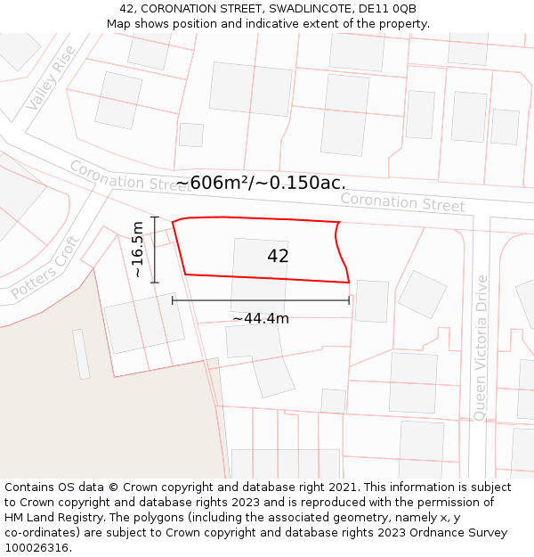 42, CORONATION STREET, SWADLINCOTE, DE11 0QB: Plot and title map