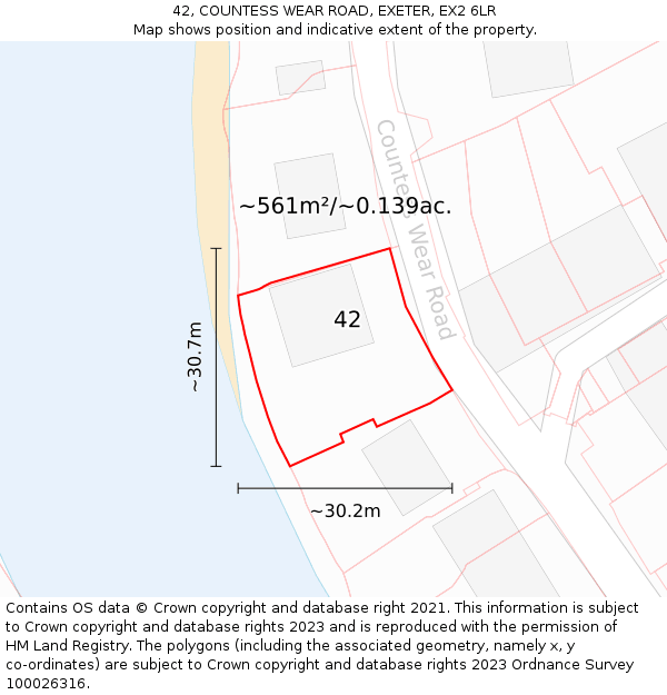 42, COUNTESS WEAR ROAD, EXETER, EX2 6LR: Plot and title map