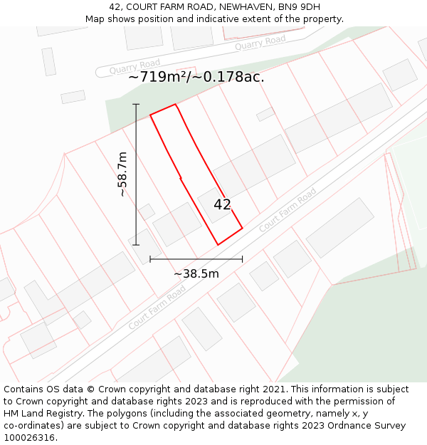 42, COURT FARM ROAD, NEWHAVEN, BN9 9DH: Plot and title map