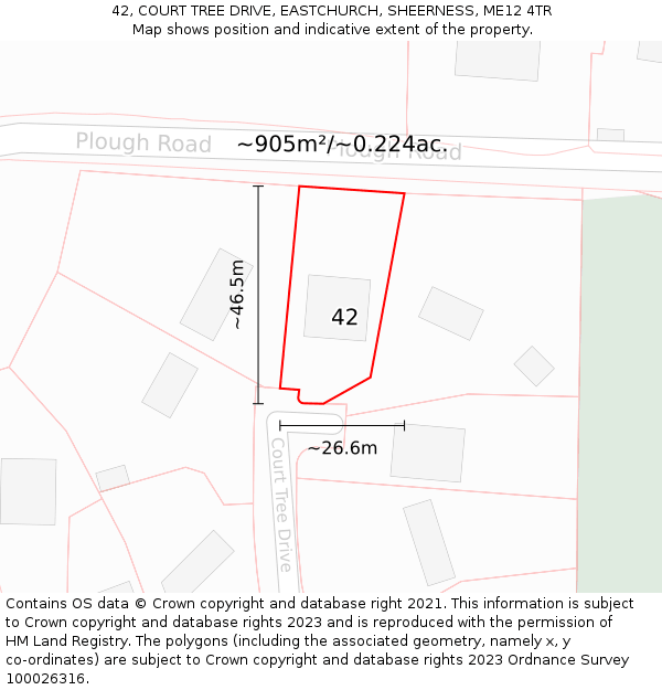 42, COURT TREE DRIVE, EASTCHURCH, SHEERNESS, ME12 4TR: Plot and title map