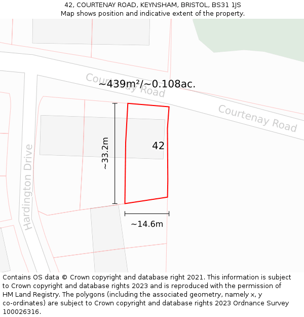 42, COURTENAY ROAD, KEYNSHAM, BRISTOL, BS31 1JS: Plot and title map