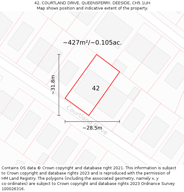 42, COURTLAND DRIVE, QUEENSFERRY, DEESIDE, CH5 1UH: Plot and title map