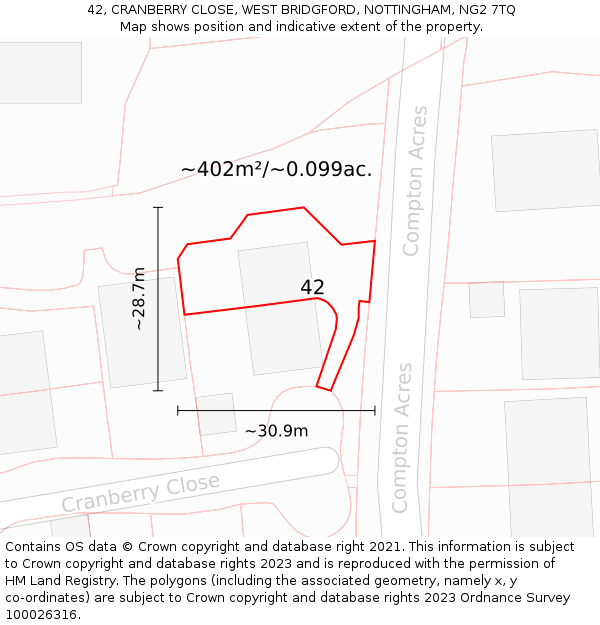 42, CRANBERRY CLOSE, WEST BRIDGFORD, NOTTINGHAM, NG2 7TQ: Plot and title map