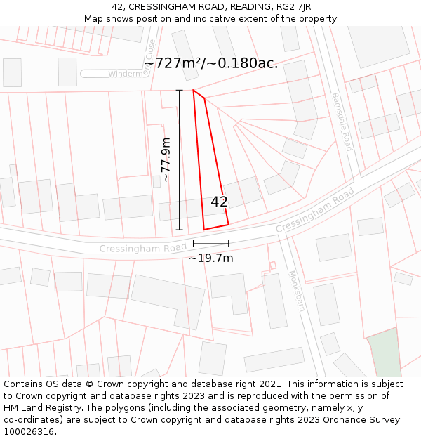 42, CRESSINGHAM ROAD, READING, RG2 7JR: Plot and title map