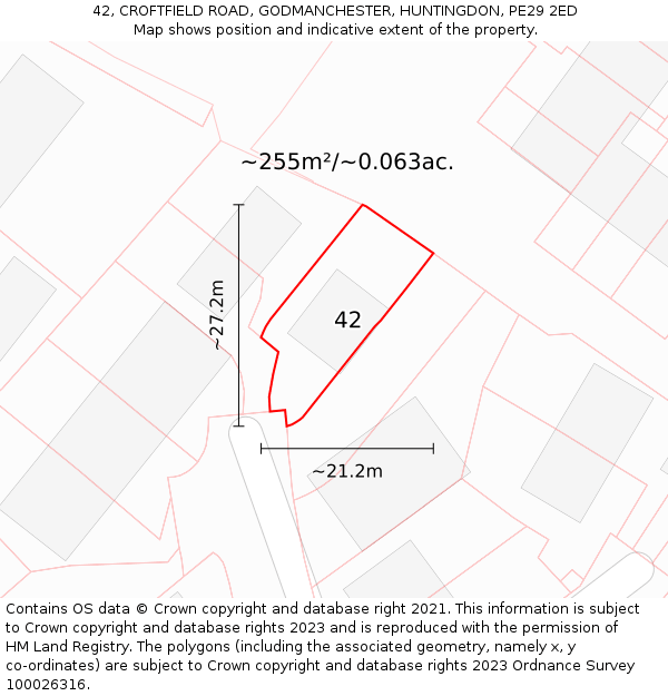 42, CROFTFIELD ROAD, GODMANCHESTER, HUNTINGDON, PE29 2ED: Plot and title map