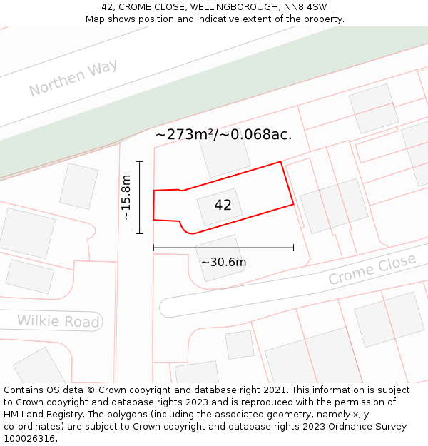 42, CROME CLOSE, WELLINGBOROUGH, NN8 4SW: Plot and title map