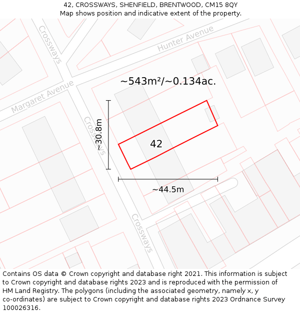 42, CROSSWAYS, SHENFIELD, BRENTWOOD, CM15 8QY: Plot and title map