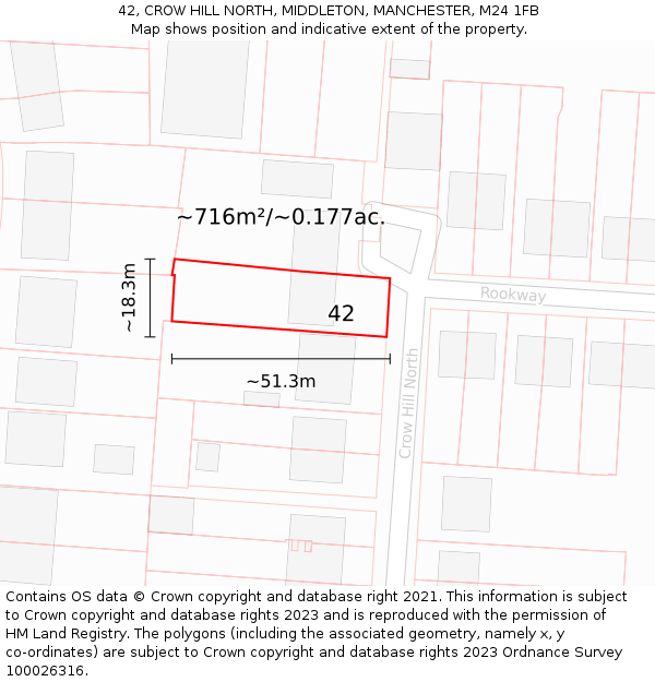 42, CROW HILL NORTH, MIDDLETON, MANCHESTER, M24 1FB: Plot and title map