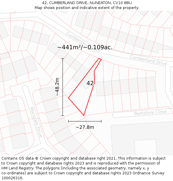 42, CUMBERLAND DRIVE, NUNEATON, CV10 8BU: Plot and title map