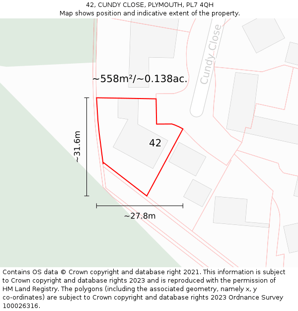 42, CUNDY CLOSE, PLYMOUTH, PL7 4QH: Plot and title map