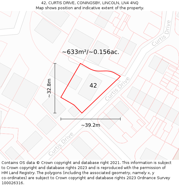 42, CURTIS DRIVE, CONINGSBY, LINCOLN, LN4 4NQ: Plot and title map