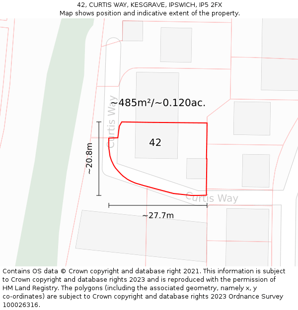 42, CURTIS WAY, KESGRAVE, IPSWICH, IP5 2FX: Plot and title map