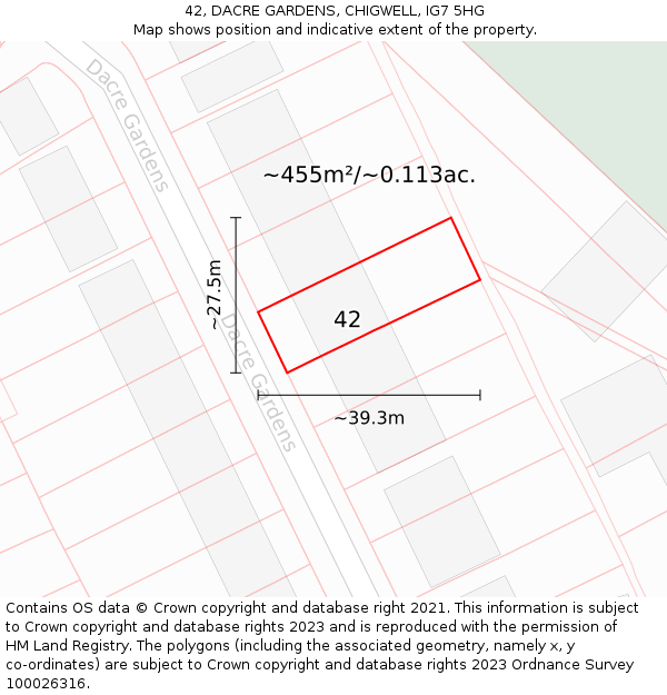 42, DACRE GARDENS, CHIGWELL, IG7 5HG: Plot and title map