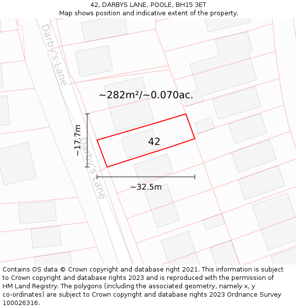 42, DARBYS LANE, POOLE, BH15 3ET: Plot and title map