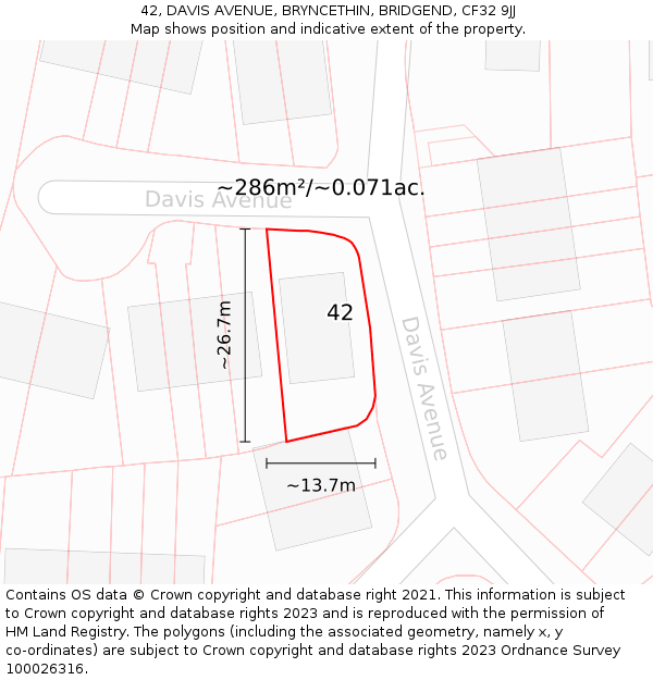 42, DAVIS AVENUE, BRYNCETHIN, BRIDGEND, CF32 9JJ: Plot and title map