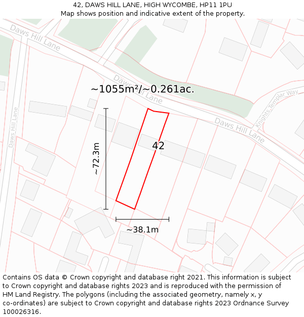 42, DAWS HILL LANE, HIGH WYCOMBE, HP11 1PU: Plot and title map